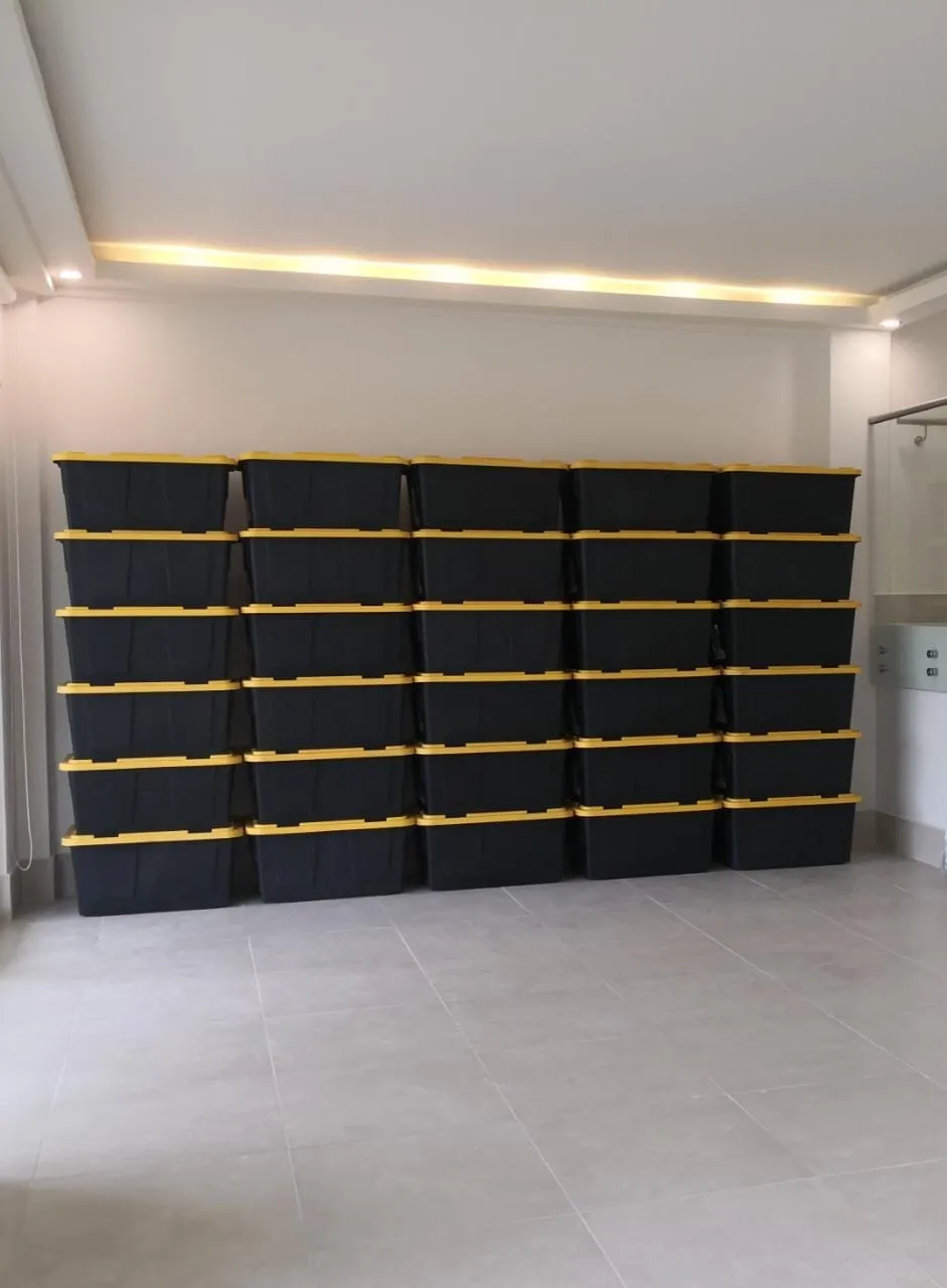 Cajas plásticas apiladas y rotuladas listas para la mudanza